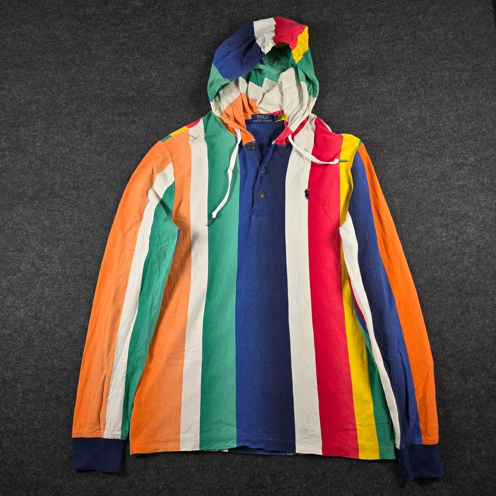 Polo Ralph Lauren Multi Color Striped Hooded Henley Shirt Long Sleeve Men's M